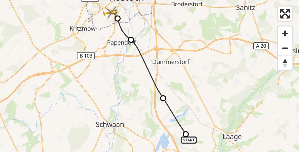 Flugroute Rettungshubschrauber Flughafen Rostock-Laage - Rostock, 22 Mai 2026, 14:58