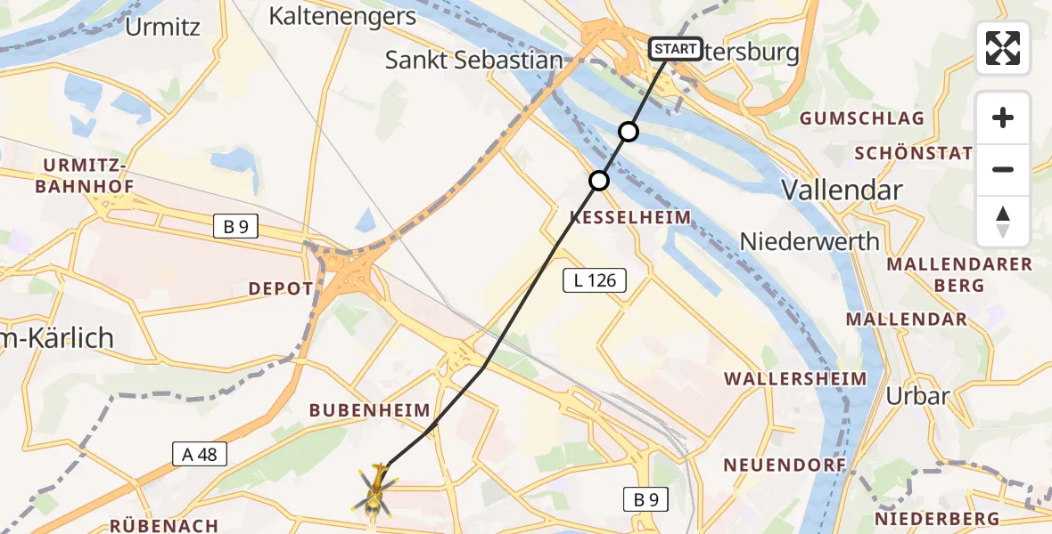 Flugroute Rettungshubschrauber Bendorf - Koblenz, 22 Mai 2026, 14:58
