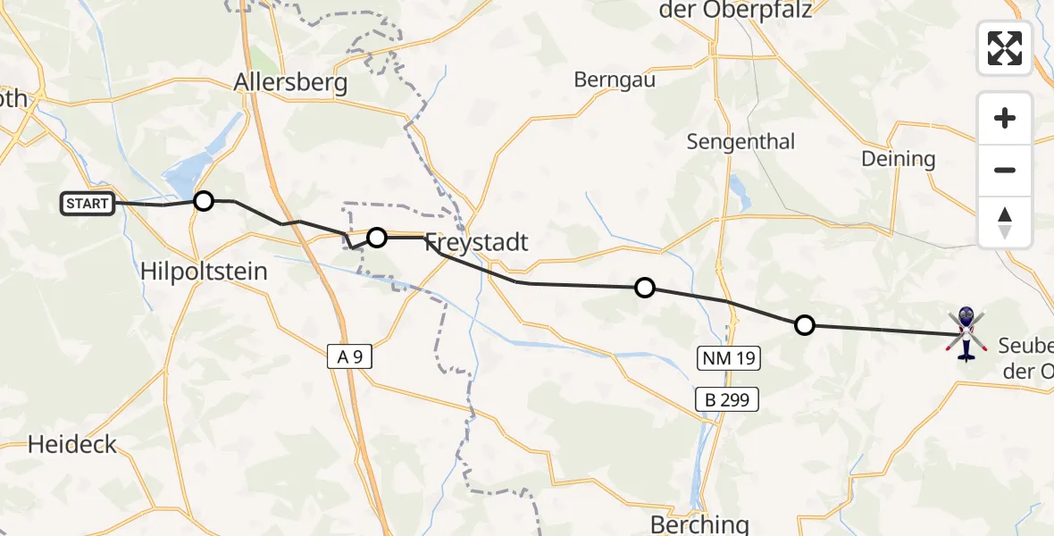 Flugroute Polizeihubschrauber Roth - Deining, 22 Mai 2026, 15:00