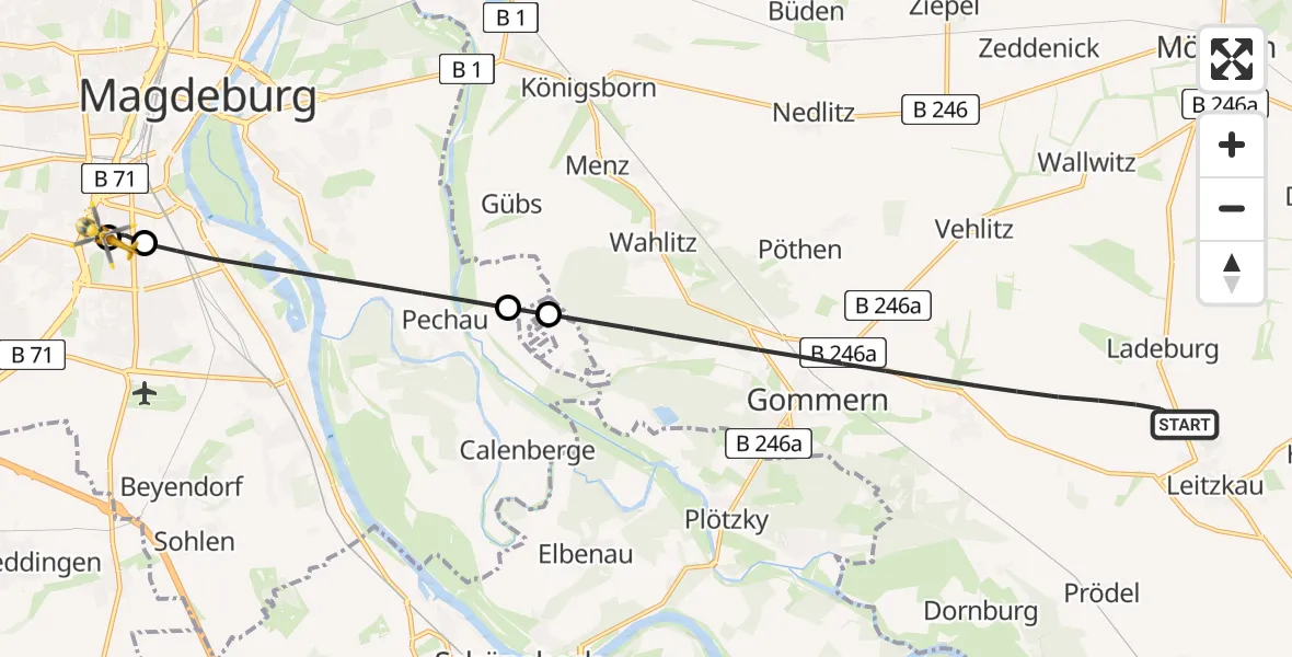 Flugroute Rettungshubschrauber Gommern - Magdeburg, 22 Mai 2026, 15:06