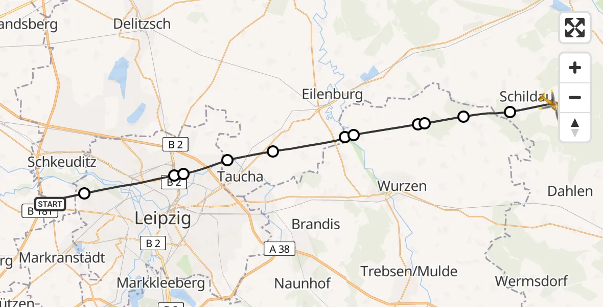 Flugroute Rettungshubschrauber Schkeuditz - Belgern-Schildau, 22 Mai 2026, 15:12