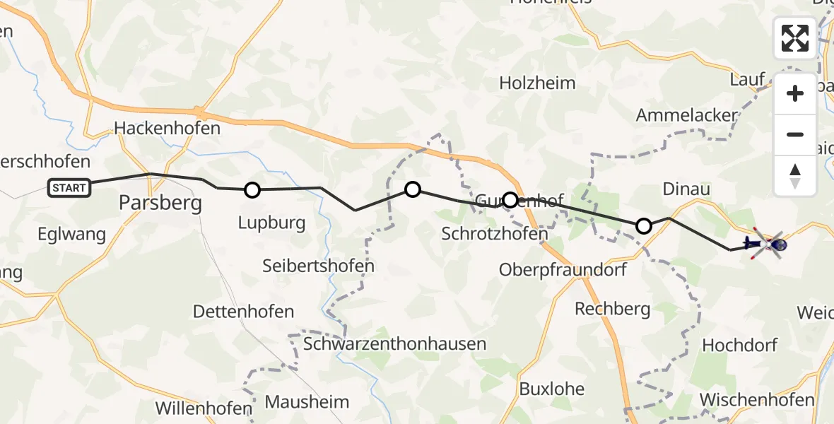 Flugroute Polizeihubschrauber Parsberg - Kallmünz, 22 Mai 2026, 15:12