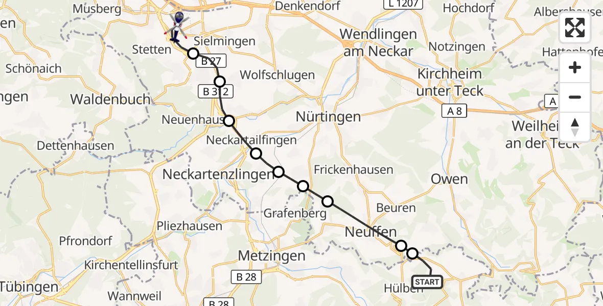 Flugroute Polizeihubschrauber Grabenstetten - Flughafen Stuttgart, 22 Mai 2026, 15:14