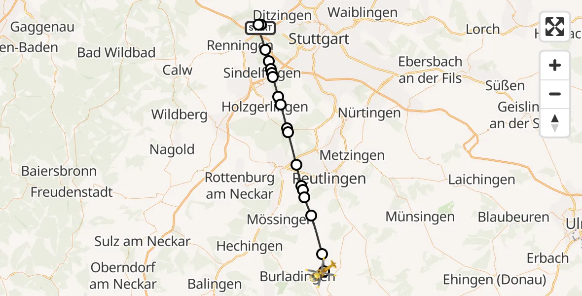 Flugroute Rettungshubschrauber Leonberg Hospital - Trochtelfingen, 22 Mai 2026, 15:14