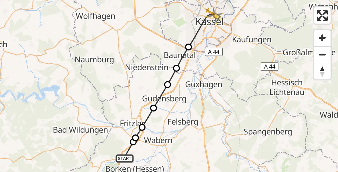 Flugroute Rettungshubschrauber Borken (Hessen) - Kassel, 22 Mai 2026, 15:17