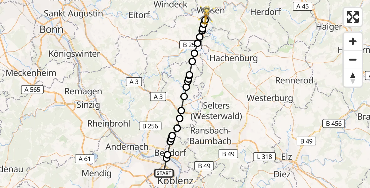 Flugroute Rettungshubschrauber Koblenz - Roth, 22 Mai 2026, 15:20