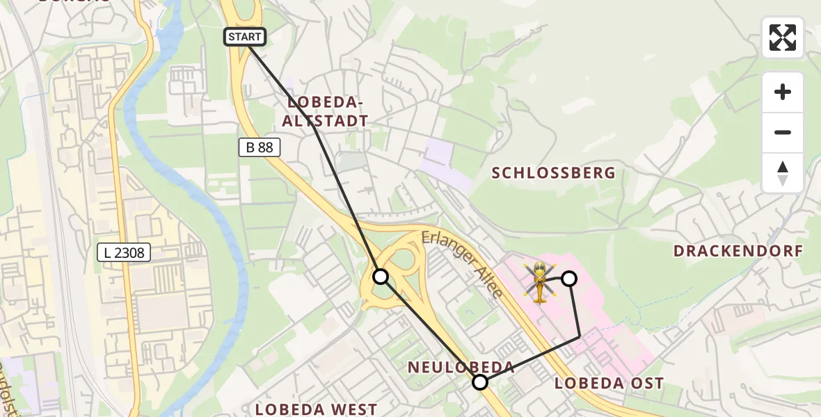 Flugroute Ambulanzhubschrauber Lobeda Hubschrauberlandeplatz - Jena University Hospital, 22 Mai 2026, 15:21
