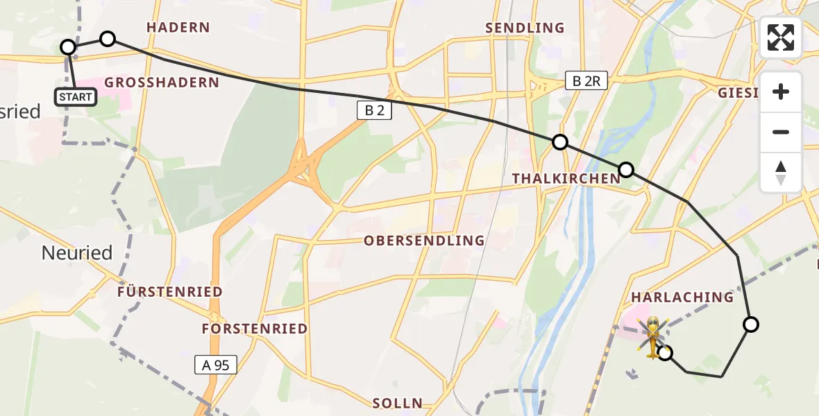Flugroute Rettungshubschrauber DRF Air Rescue München Hubschrauberlandeplatz - ADAC Air Rescue Center Hubschrauberlandeplatz (Christoph 1), 22 Mai 2026, 15:22