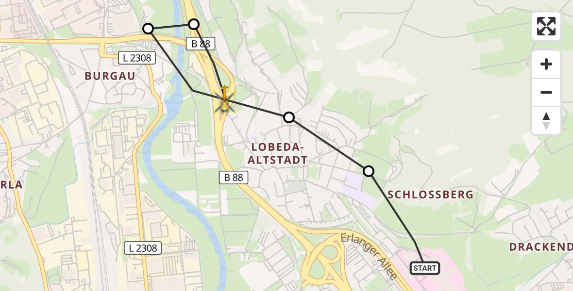 Flugroute Rettungshubschrauber Jena University Hospital - Lobeda Hubschrauberlandeplatz, 22 Mai 2026, 15:22