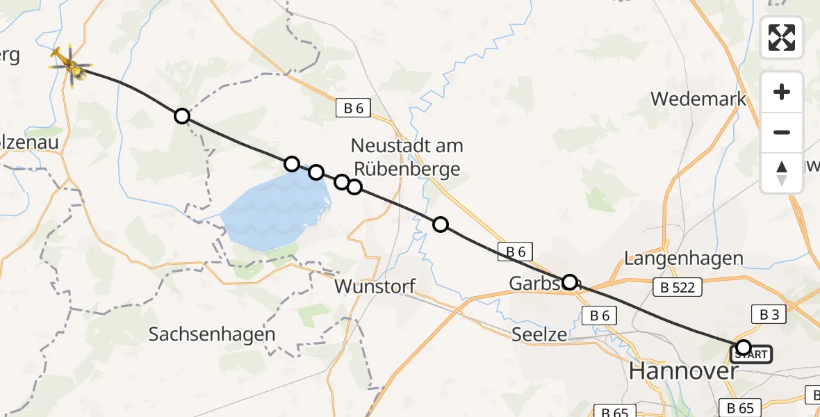 Flugroute Rettungshubschrauber Hannover Luftrettung Hubschrauberlandeplatz (Christoph 4) - Landesbergen, 22 Mai 2026, 15:22