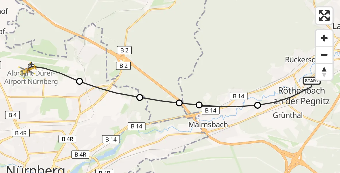 Flugroute Ambulanzhubschrauber Röthenbach a.d.Pegnitz - Flughafen Nuremberg, 22 Mai 2026, 15:25