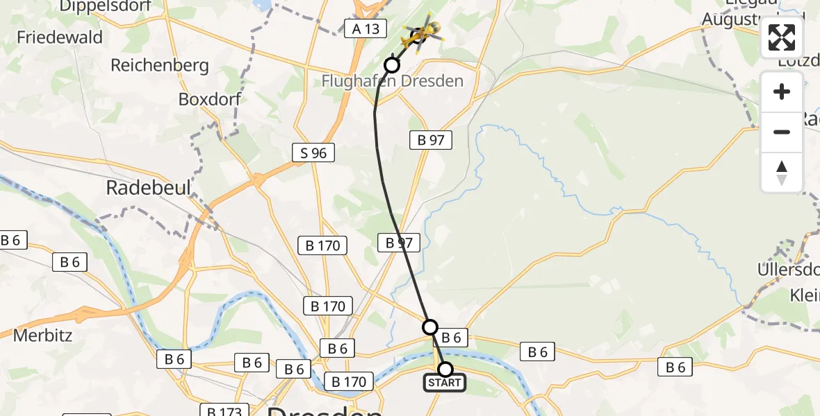 Flugroute Rettungshubschrauber Dresden University Hospital - Dresden Bundespolizei Hubschrauberlandeplatz, 22 Mai 2026, 15:27