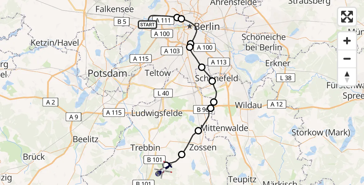 Flugroute Polizeihubschrauber Berlin - Nuthe-Urstromtal, 22 Mai 2026, 15:31