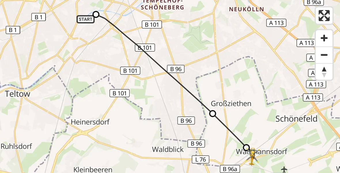 Flugroute Rettungshubschrauber Charité Clinic Benjamin Franklin Campus - Berlin Brandenburg Flughafen, 22 Mai 2026, 15:35