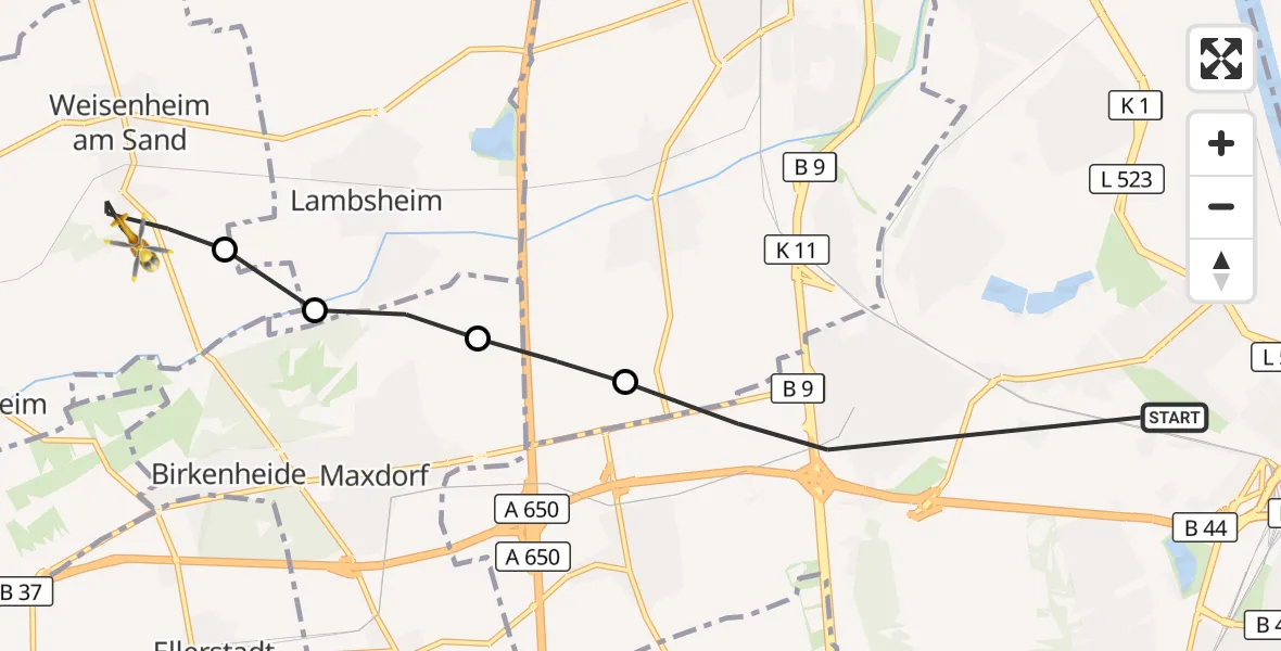 Flugroute Rettungshubschrauber Ludwigshafen am Rhein - Weisenheim am Sand, 22 Mai 2026, 15:37