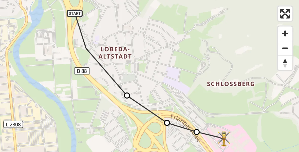 Flugroute Rettungshubschrauber Lobeda Hubschrauberlandeplatz - Jena University Hospital, 22 Mai 2026, 15:39