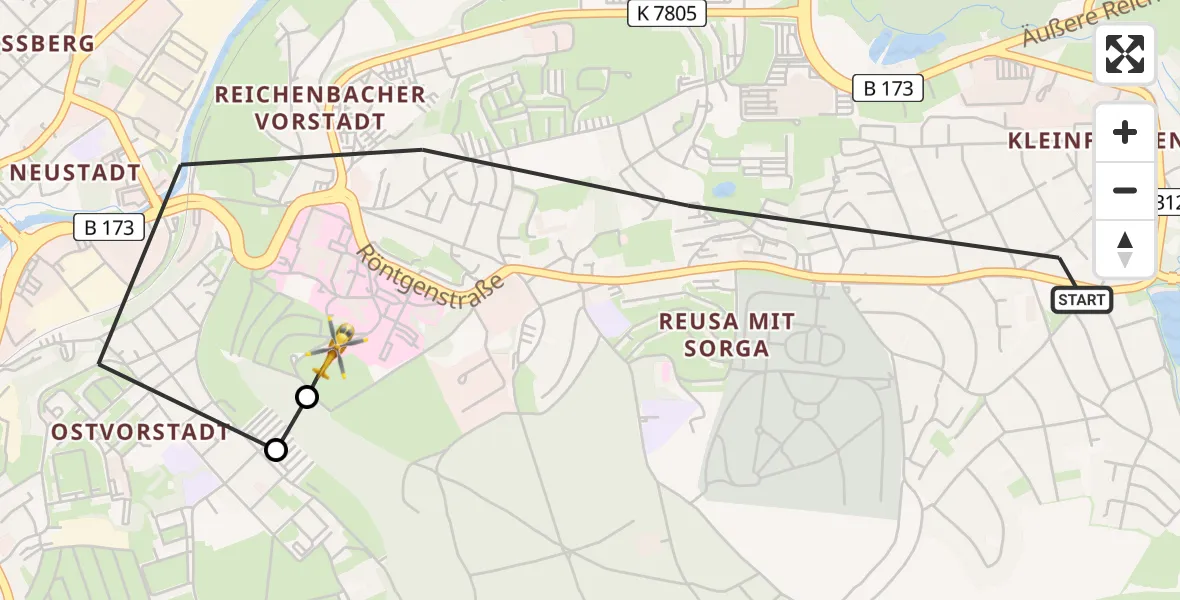 Flugroute Rettungshubschrauber Plauen - Helios Clinic Plauen, 22 Mai 2026, 15:41