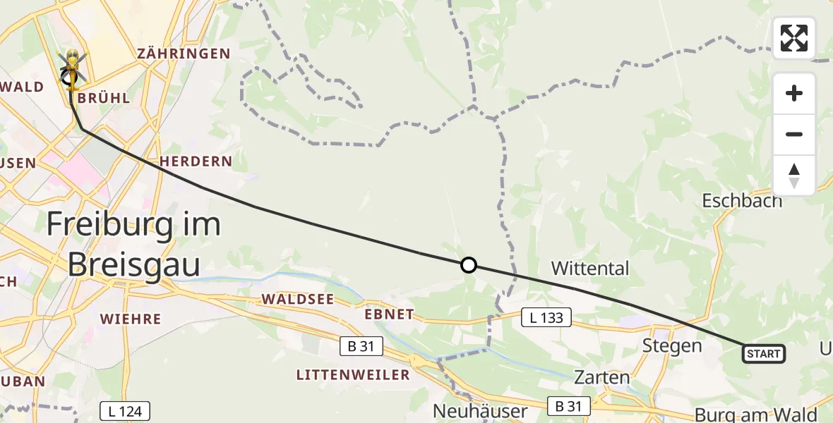 Flugroute Rettungshubschrauber Stegen - Freiburg im Breisgau Flugplatz, 22 Mai 2026, 15:47