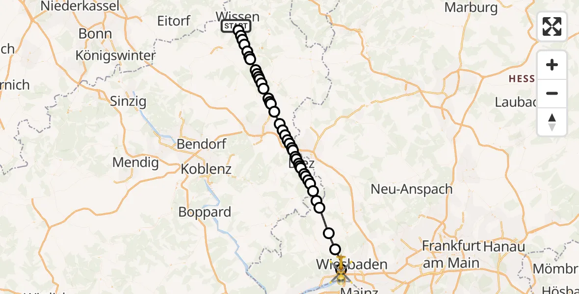 Flugroute Rettungshubschrauber Wissen - Helios Horst Schmidt Klinik (HSK) Hubschrauberlandeplatz, 22 Mai 2026, 15:57