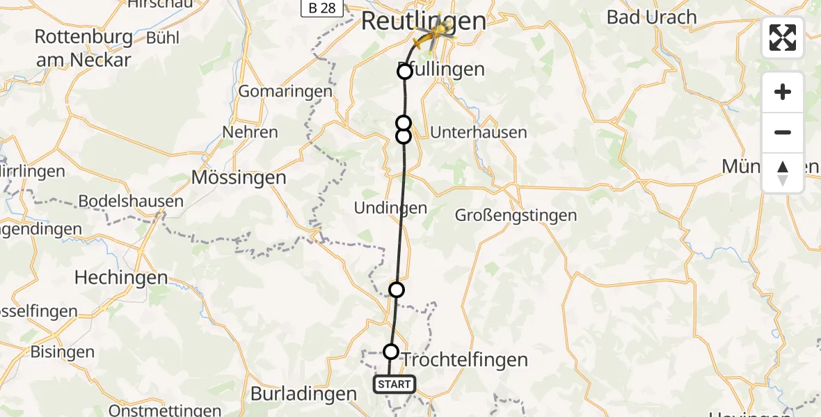 Flugroute Rettungshubschrauber Trochtelfingen - Reutlingen, 22 Mai 2026, 16:00