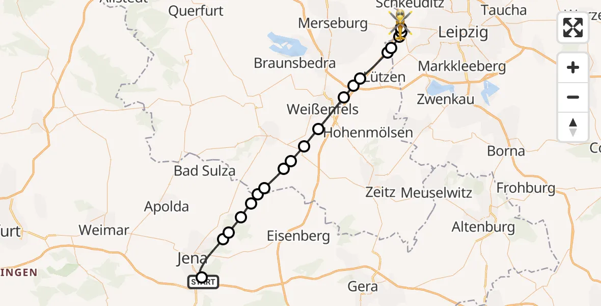 Flugroute Rettungshubschrauber Jena University Hospital - ADAC Air Rescue Station Leipzig/Schkeuditz-Dölzig Hubschrauberlandeplatz (Christoph 61), 22 Mai 2026, 16:00
