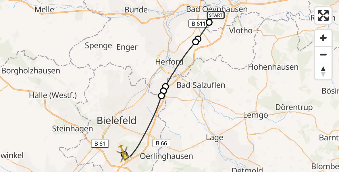 Flugroute Rettungshubschrauber Bad Oeynhausen - Bielefeld Flughafen, 22 Mai 2026, 16:02