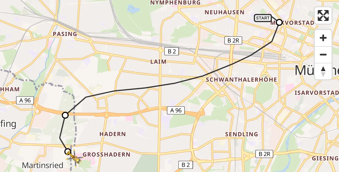Flugroute Rettungshubschrauber Deutsches Herzzentrum München - DRF Air Rescue München Hubschrauberlandeplatz, 22 Mai 2026, 16:03