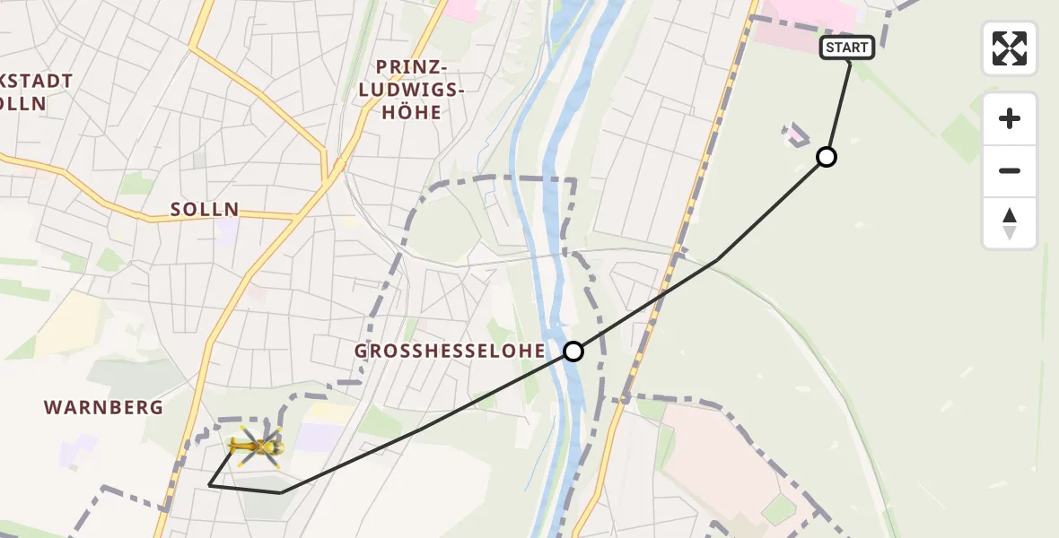 Flugroute Rettungshubschrauber ADAC Air Rescue Center Hubschrauberlandeplatz (Christoph 1) - Pullach i.Isartal, 22 Mai 2026, 16:04