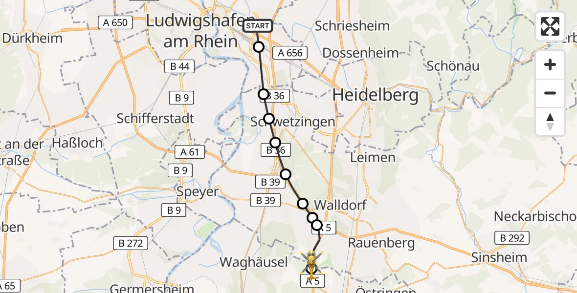 Flugroute Rettungshubschrauber Mannheim-City Flughafen - Kronau, 22 Mai 2026, 16:05