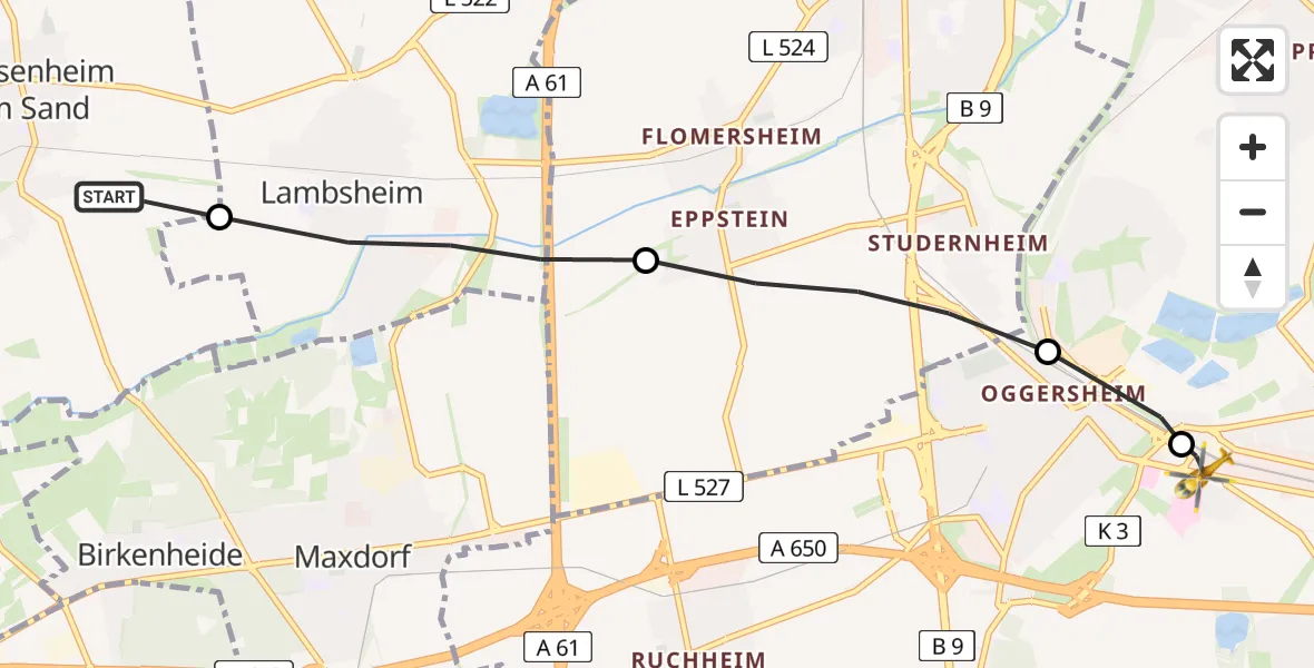 Flugroute Rettungshubschrauber Weisenheim am Sand - Ludwigshafen Accident Hospital, 22 Mai 2026, 16:06