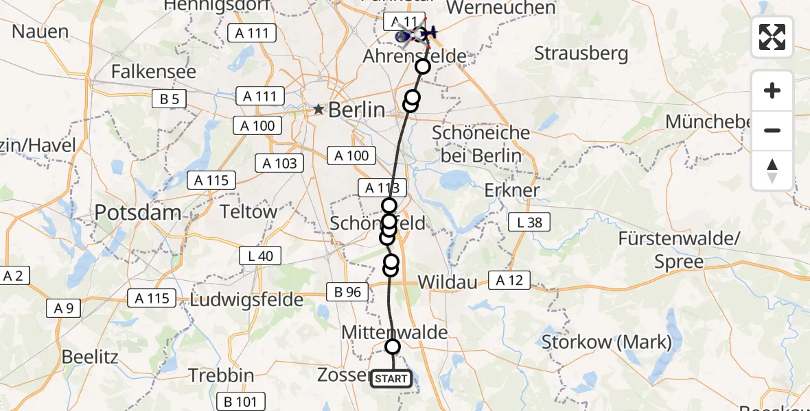 Flugroute Polizeihubschrauber Zossen - Ahrensfelde Hubschrauberlandeplatz, 22 Mai 2026, 16:06