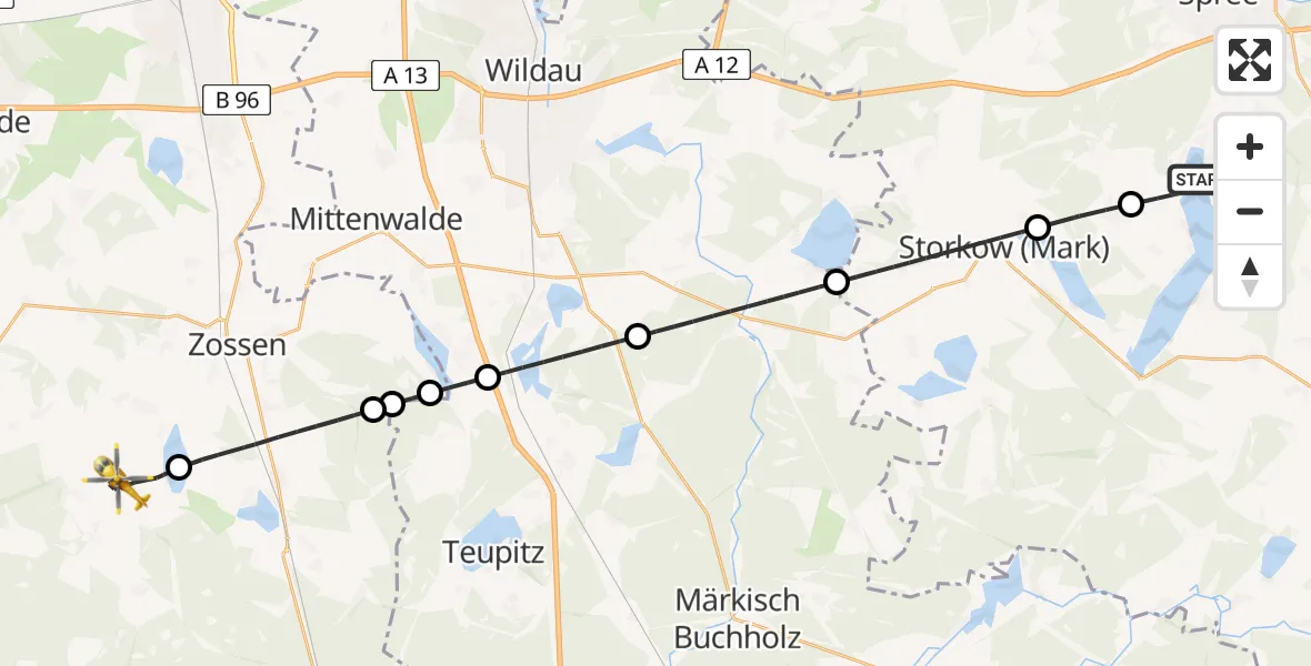 Flugroute Rettungshubschrauber Bad Saarow - Am Mellensee, 22 Mai 2026, 16:12