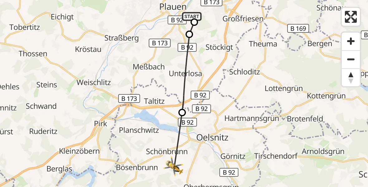 Flugroute Rettungshubschrauber Helios Clinic Plauen - Oelsnitz/Vogtl., 22 Mai 2026, 16:13