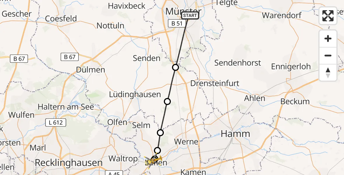 Flugroute Rettungshubschrauber Münster - Sankt Marien Hospital, 22 Mai 2026, 16:16