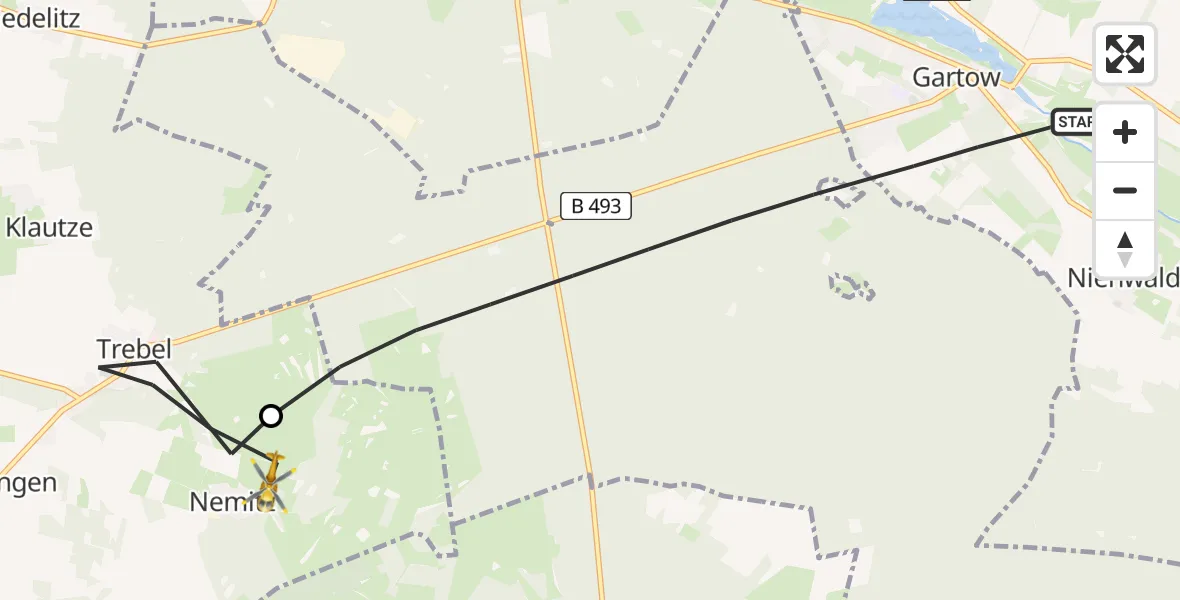 Flugroute Rettungshubschrauber Gartow - Trebel, 22 Mai 2026, 16:21