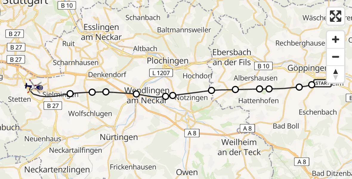 Flugroute Polizeihubschrauber Göppingen - Flughafen Stuttgart, 22 Mai 2026, 16:21