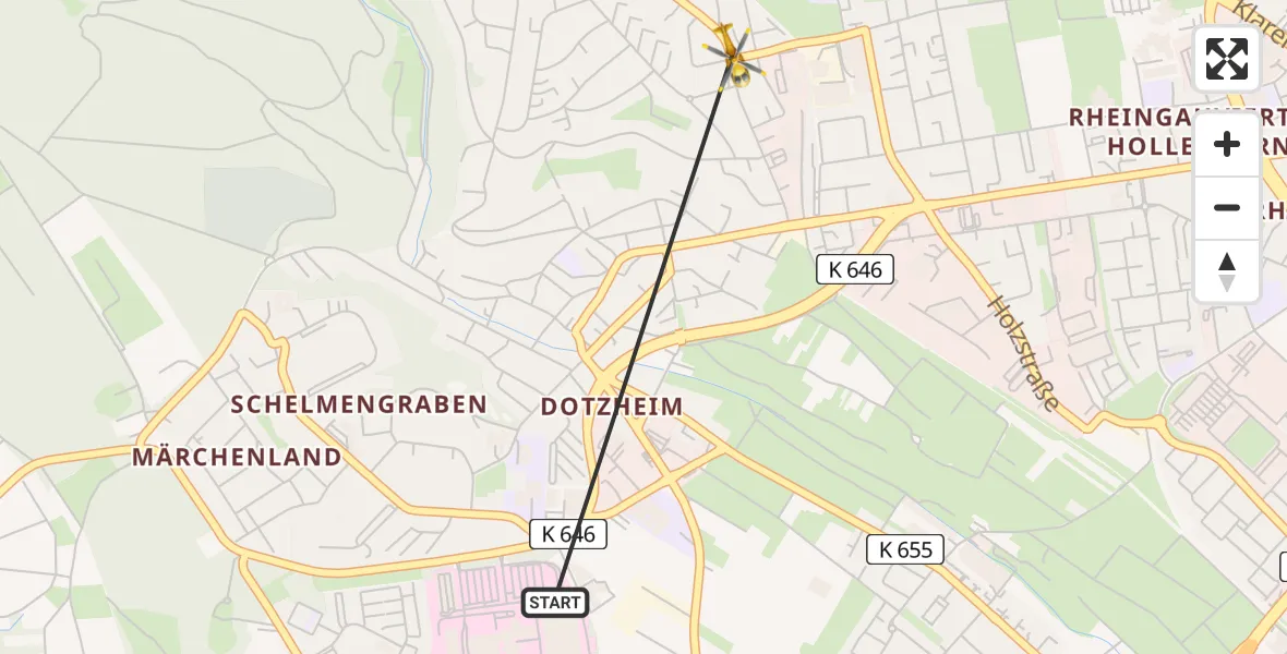 Flugroute Rettungshubschrauber Helios Horst Schmidt Clinic (HSK) - Wiesbaden, 22 Mai 2026, 16:22