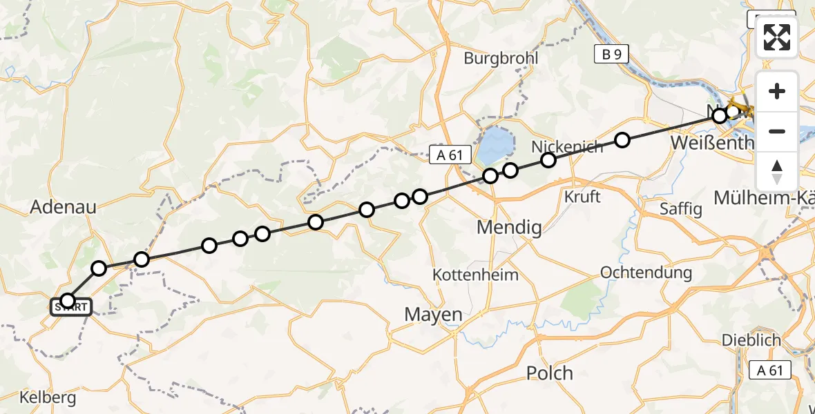Flugroute Ambulanzhubschrauber Nürburgring Hubschrauberlandeplatz - Neuwied, 22 Mai 2026, 16:23