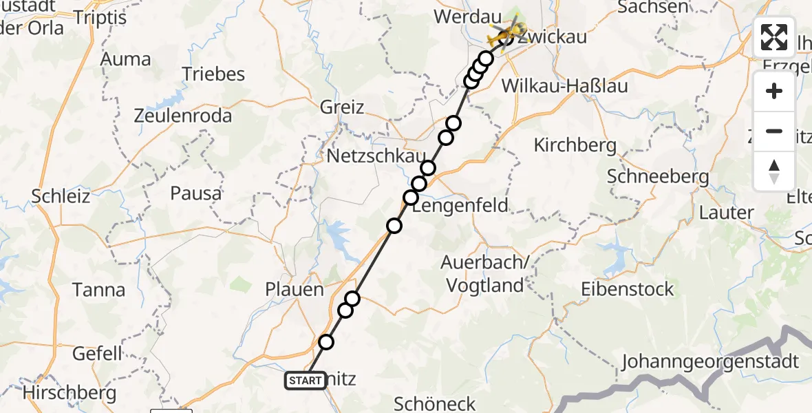 Flugroute Rettungshubschrauber Oelsnitz/Vogtl. - ADAC Air Rescue Station Zwickau Hubschrauberlandeplatz, 22 Mai 2026, 16:31