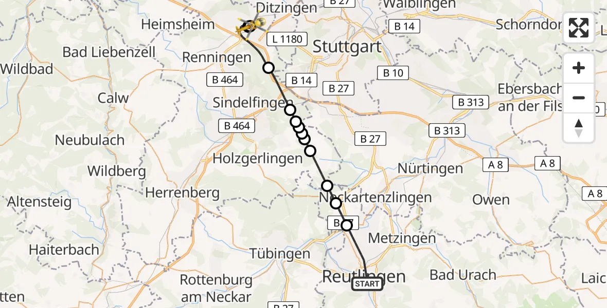 Flugroute Rettungshubschrauber Reutlingen - Leonberg Hospital, 22 Mai 2026, 16:33