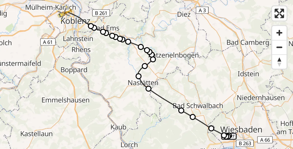 Flugroute Rettungshubschrauber Helios Horst Schmidt Clinic (HSK) - Koblenz, 22 Mai 2026, 16:43