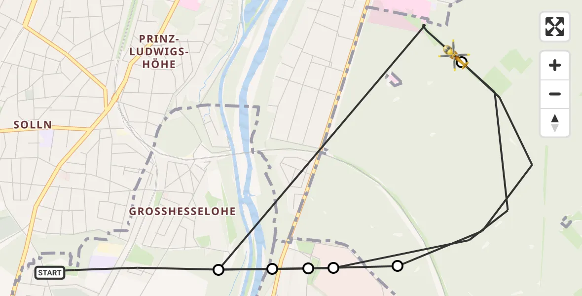 Flugroute Rettungshubschrauber Pullach i.Isartal - ADAC Air Rescue Center Hubschrauberlandeplatz (Christoph 1), 22 Mai 2026, 16:46
