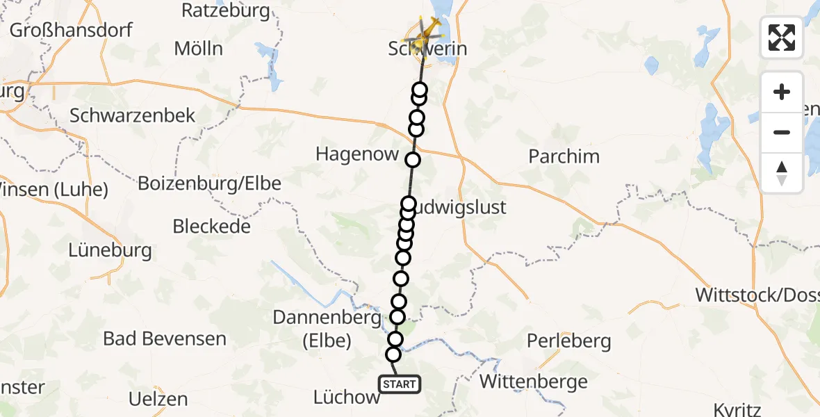 Flugroute Rettungshubschrauber Trebel - Schwerin, 22 Mai 2026, 16:51