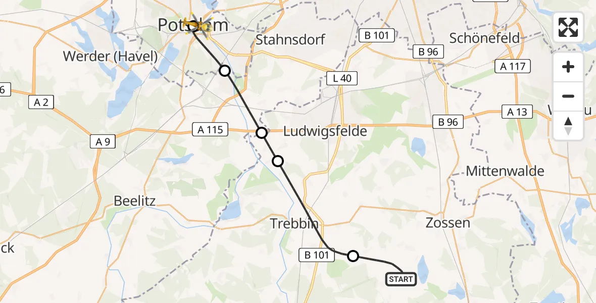 Flugroute Rettungshubschrauber Am Mellensee - Ernst von Bergmann Clinic Hubschrauberlandeplatz, 22 Mai 2026, 16:52