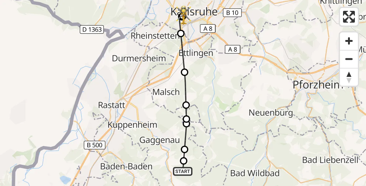 Flugroute Rettungshubschrauber Gernsbach - Sankt Vincentius Hospital, 22 Mai 2026, 17:01