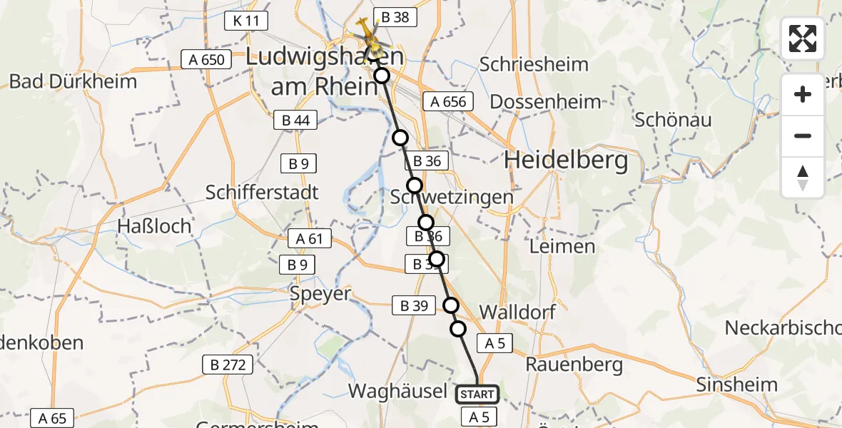 Flugroute Rettungshubschrauber St. Leon-Rot - Mannheim, 22 Mai 2026, 17:09