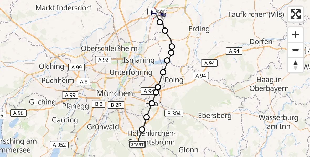 Flugroute Polizeihubschrauber Brunnthal - Hallbergmoos, 22 Mai 2026, 17:20