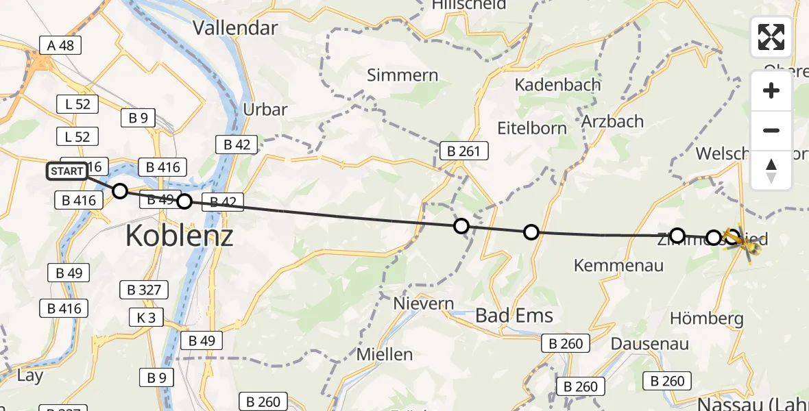 Flugroute Rettungshubschrauber Koblenz - Zimmerschied, 22 Mai 2026, 17:23