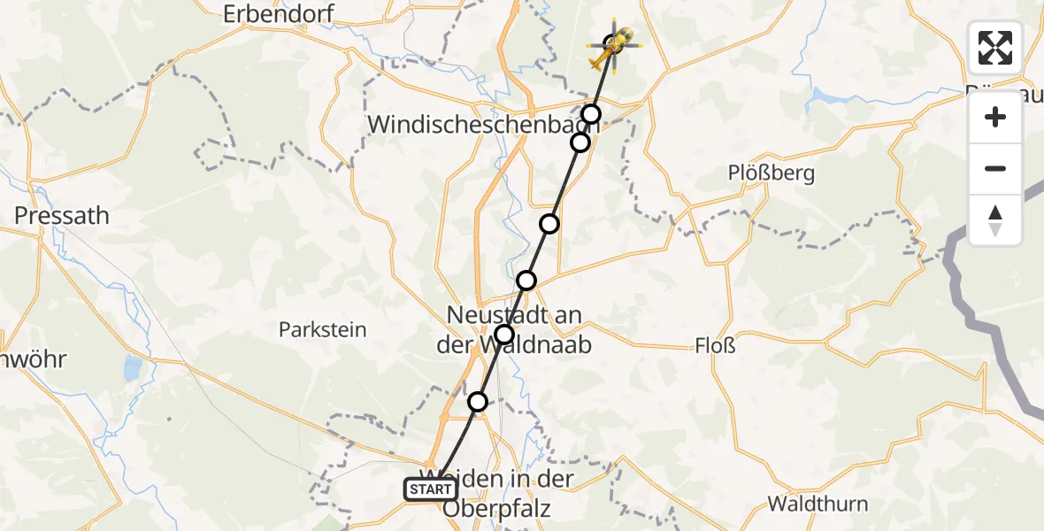 Flugroute Rettungshubschrauber Weiden i.d.OPf. - Falkenberg, 22 Mai 2026, 17:26
