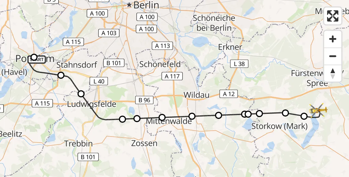 Flugroute Rettungshubschrauber Ernst von Bergmann Clinic Hubschrauberlandeplatz - Bad Saarow, 22 Mai 2026, 17:30